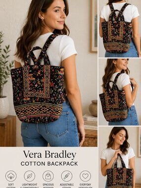 Vera Bradley Backpack Black Multicolor Floral Medium Drawstring Everyday Cotton